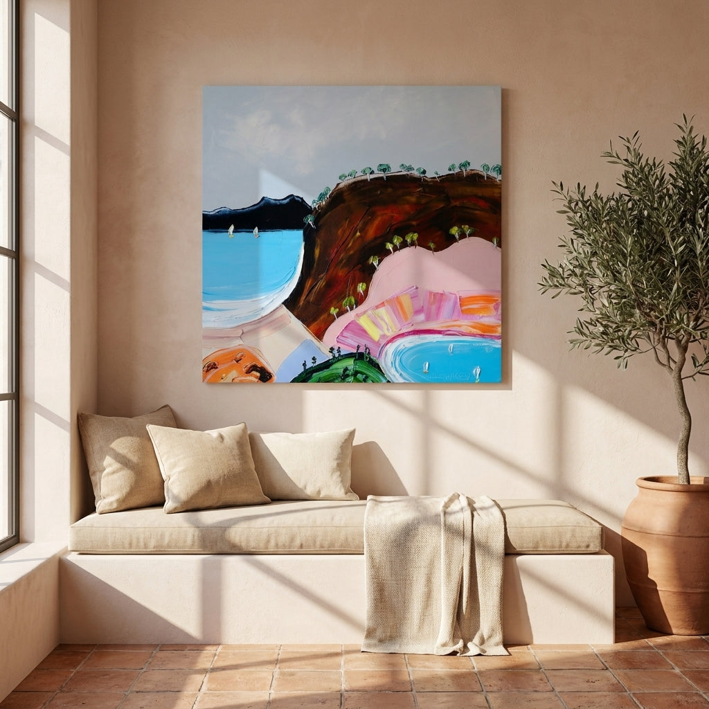 Stretched canvas wall art styled on the wall in a Mediterranean living room
