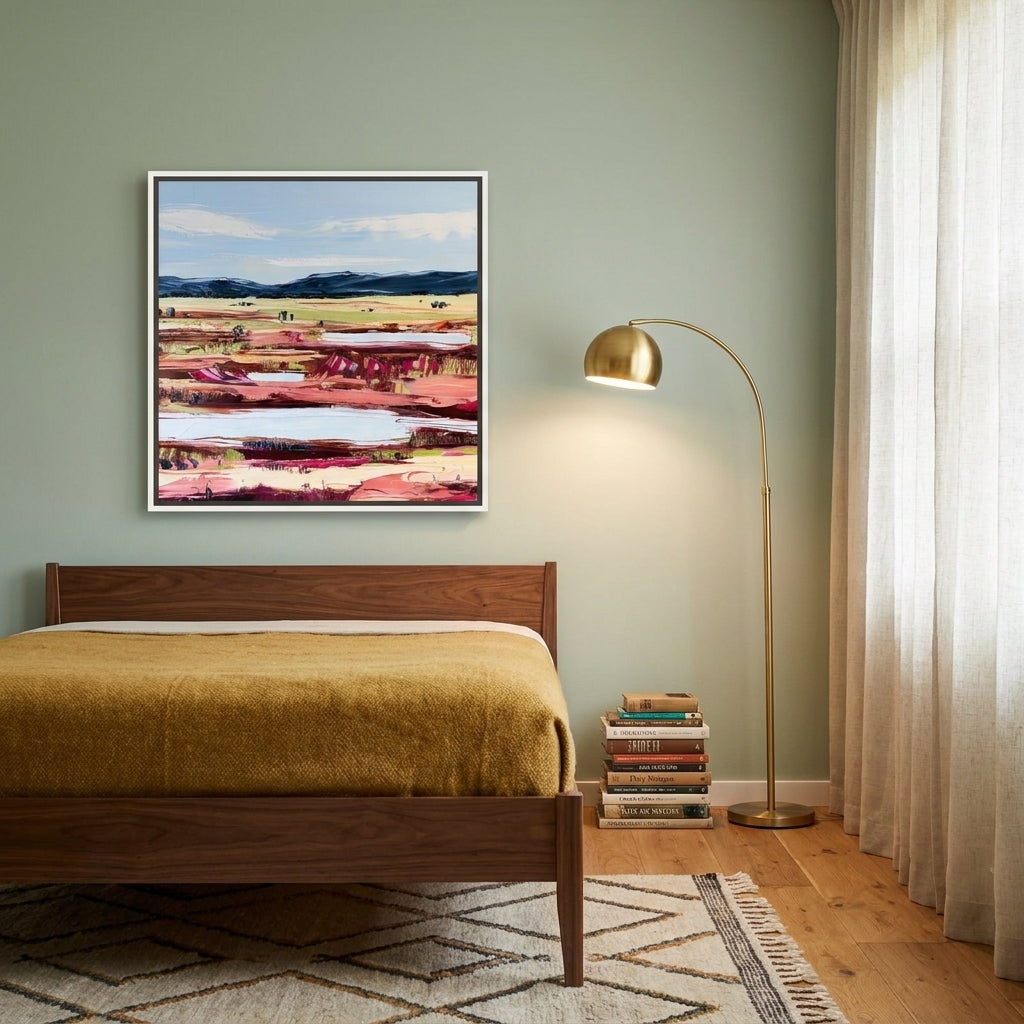 Canvas wall art with a white surround styled on the wall in a mid-century bedroom