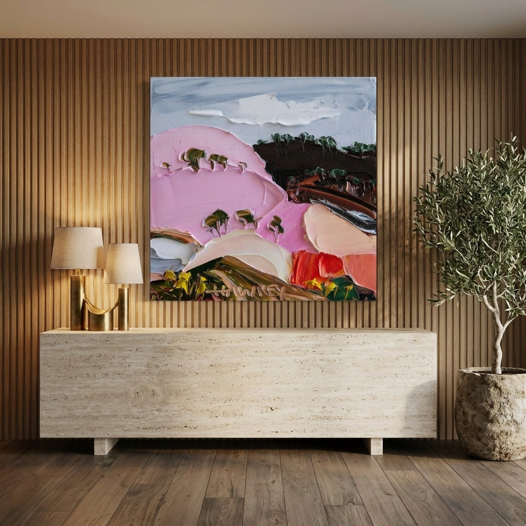 Stretched canvas wall art styled on the wall in a luxe living room