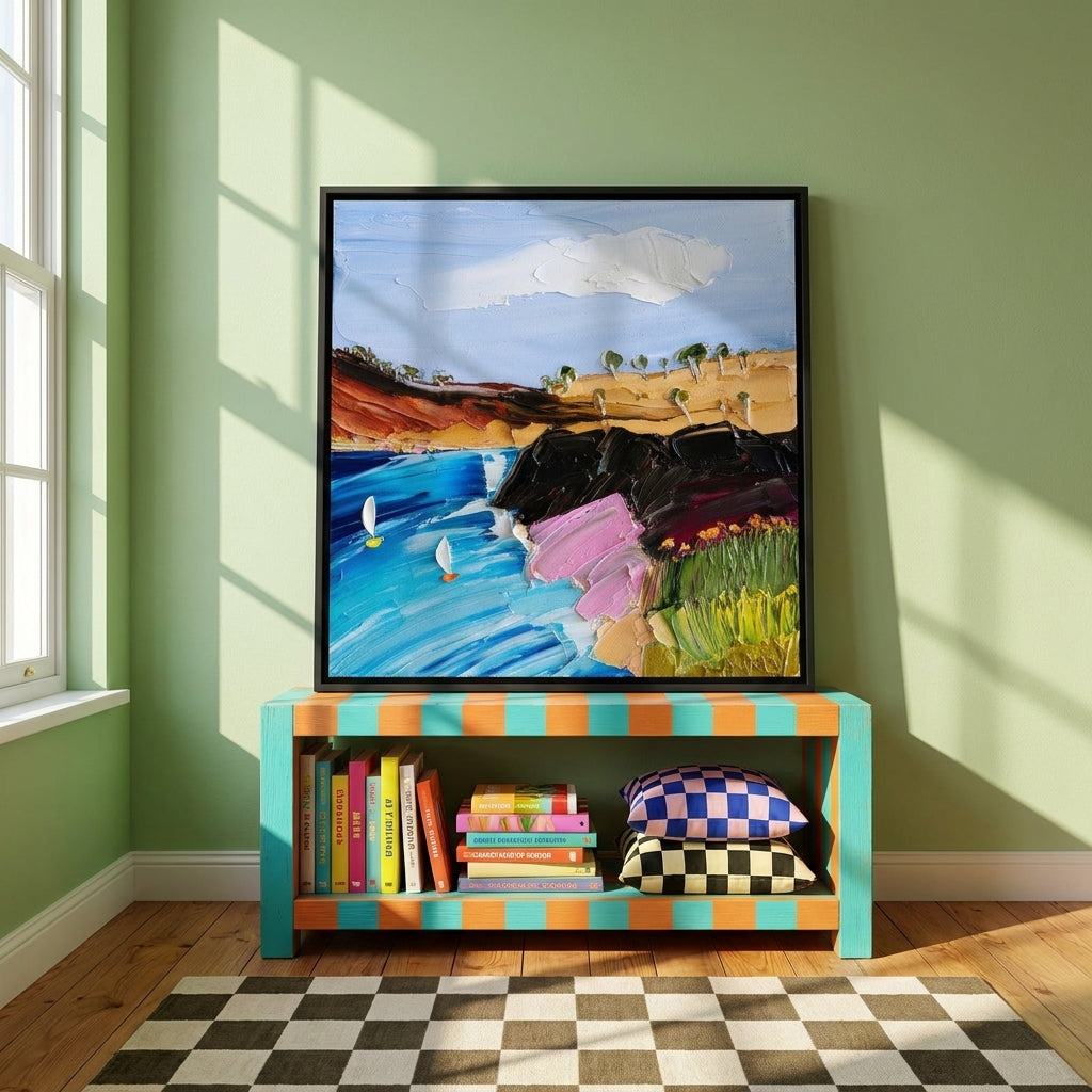 Canvas wall art with a black surround standing on a side table in a colourful eclectic bedroom