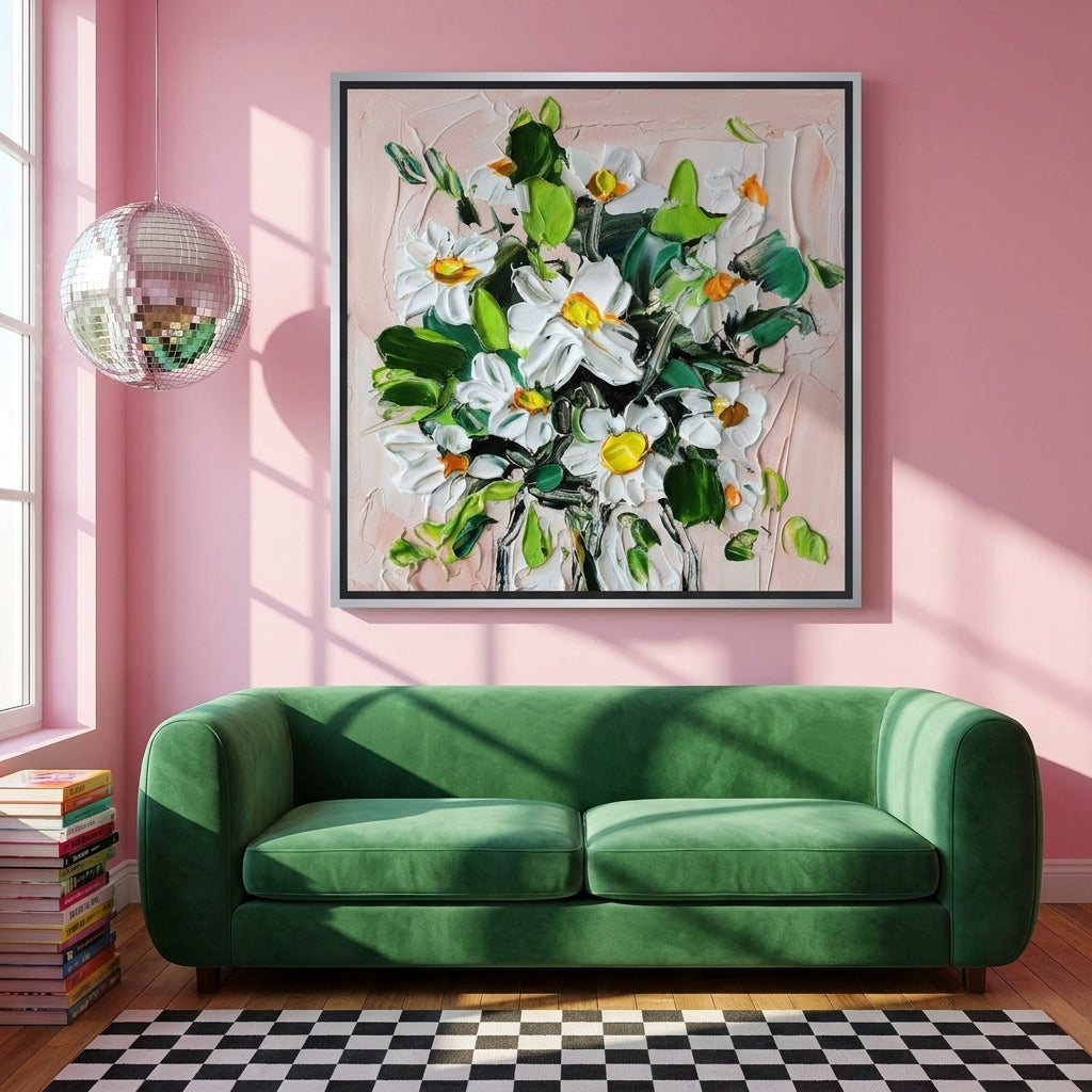 Oversized statement canvas wall art with a silver leaf surround styled on the wall in a colourful eclectic living room