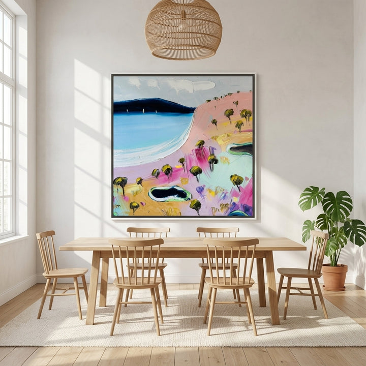 Oversized statement canvas wall art with a white surround styled on the wall in a bright Scandinavian dining room