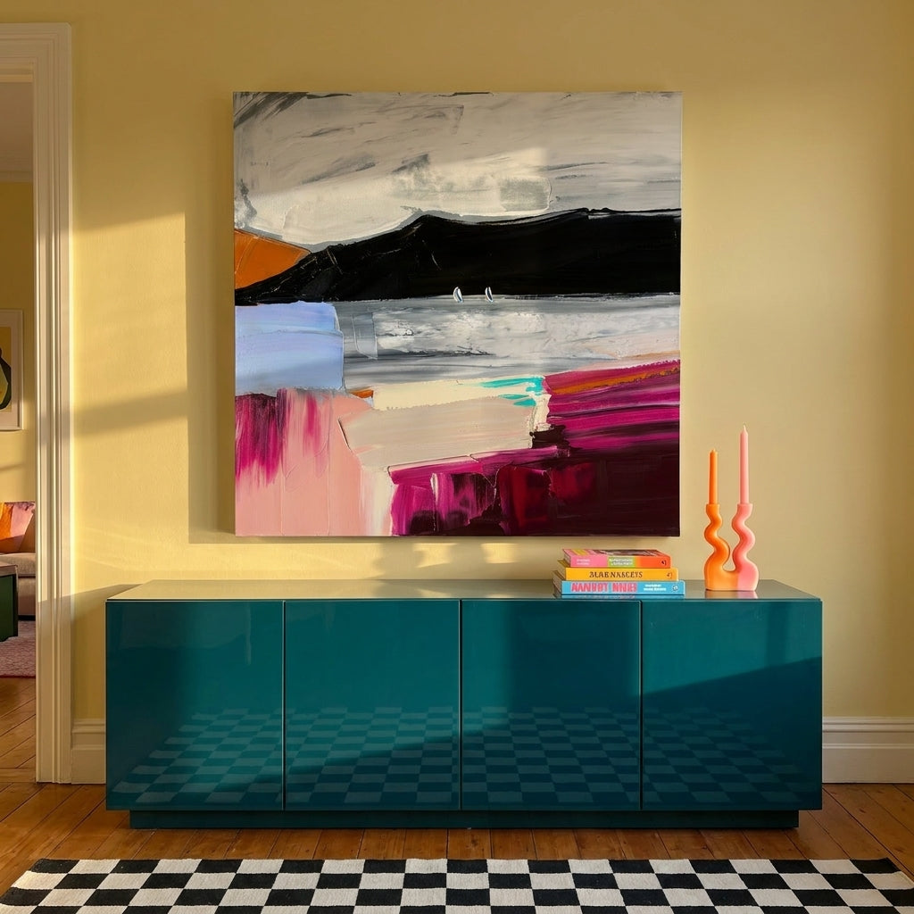 Stretched canvas wall art styled on the wall in a colourful eclectic living room