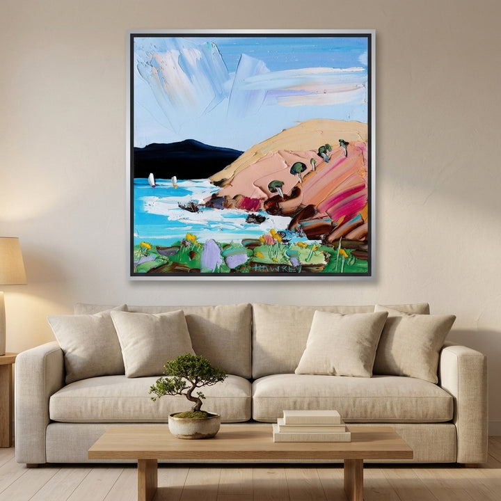 Oversized statement canvas wall art with a silver leaf surround styled on the wall in a warm Japandi living room