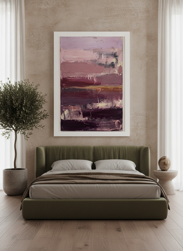 Oversized statement modern wall art print styled on the wall in a luxe bedroom