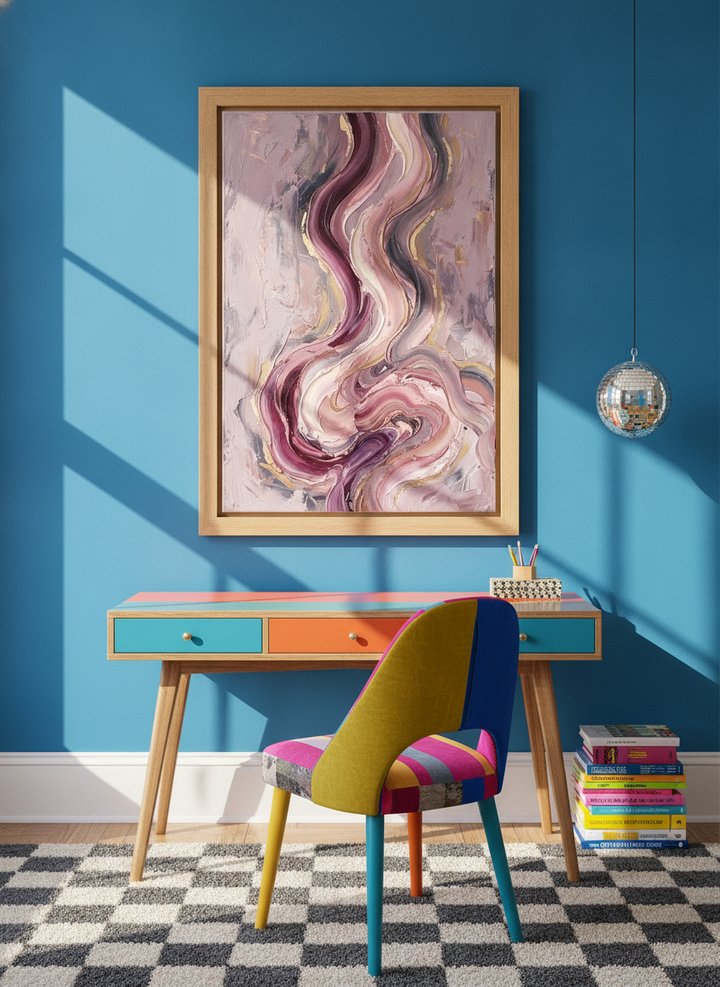 Modern wall art print styled on the wall in a colourful eclectic home office