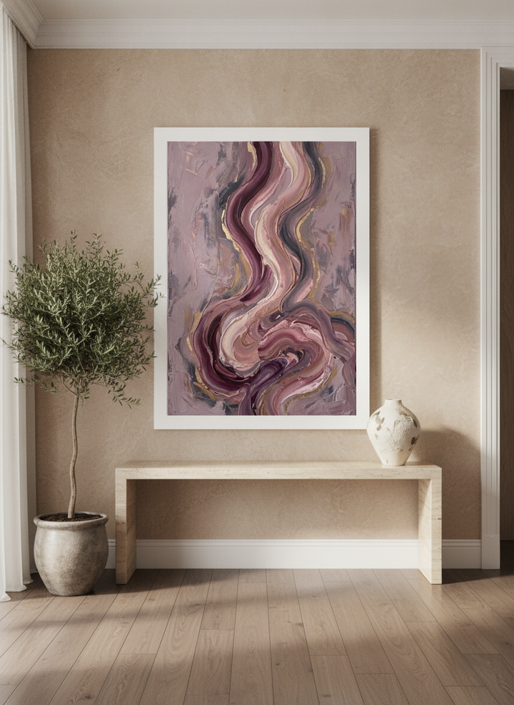 Oversized statement modern wall art print styled on the wall in a luxe living room