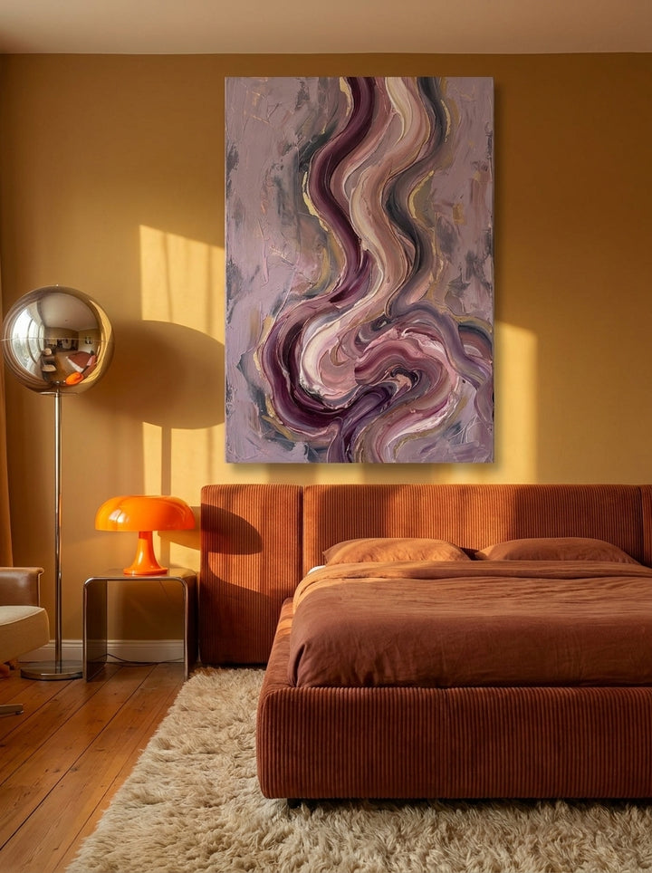 Stretched canvas wall art styled on the wall in a retro 70s bedroom
