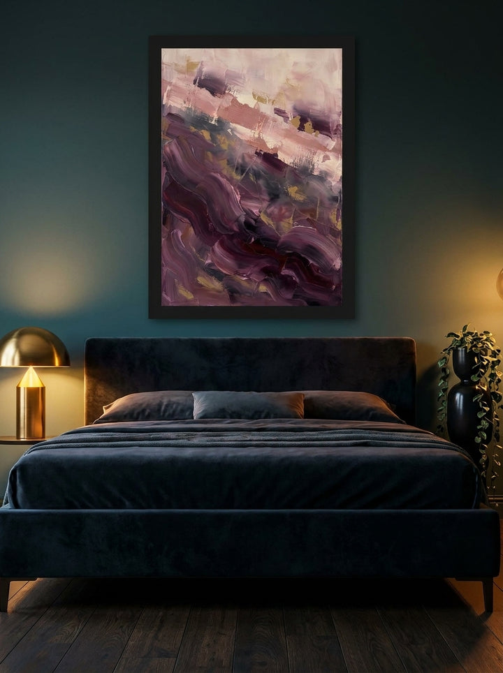 Modern wall art print styled on the wall in a moody bedroom
