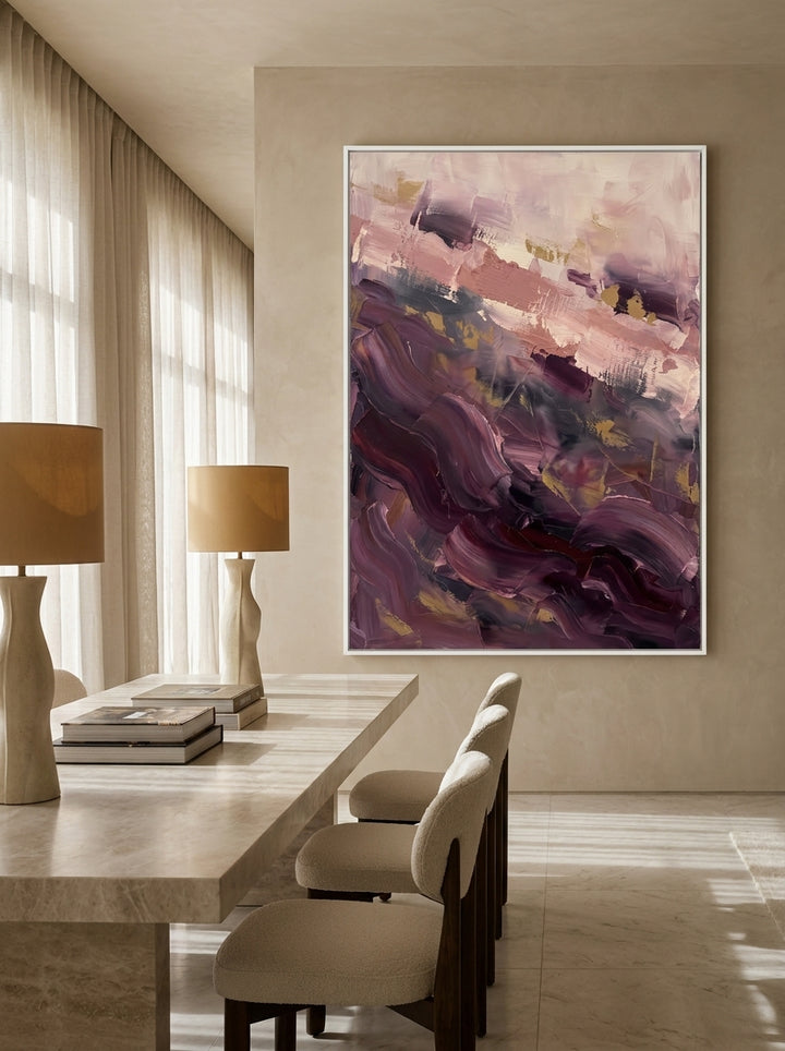 Oversized statement modern wall art print styled on the wall in a luxe dining room