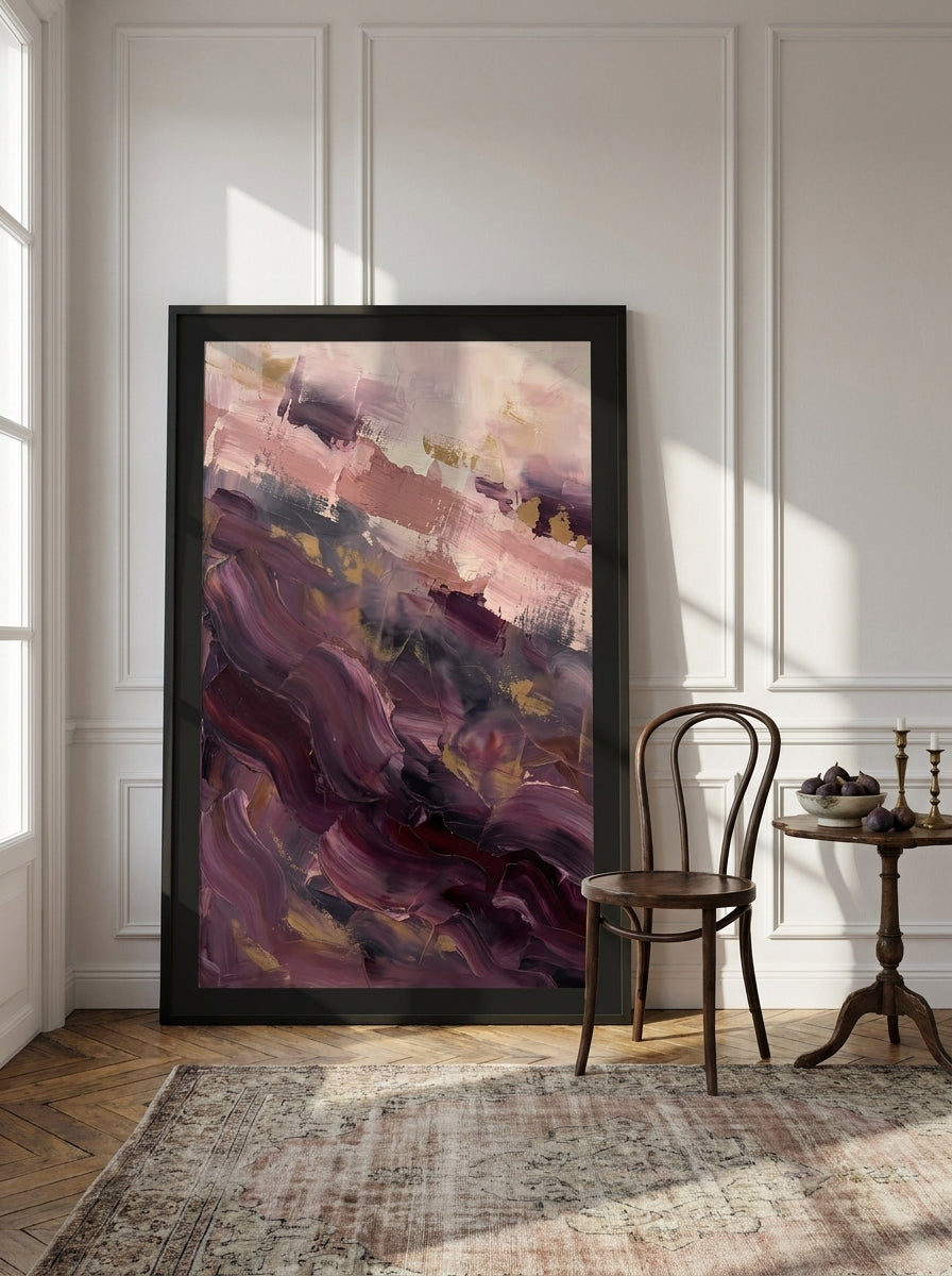 Oversized statement modern wall art print leaning against the wall in a Parisian dining room