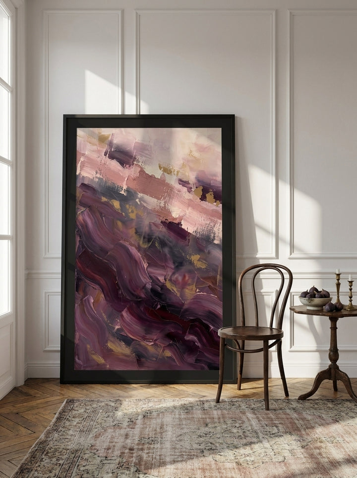 Oversized statement modern wall art print leaning against the wall in a Parisian dining room