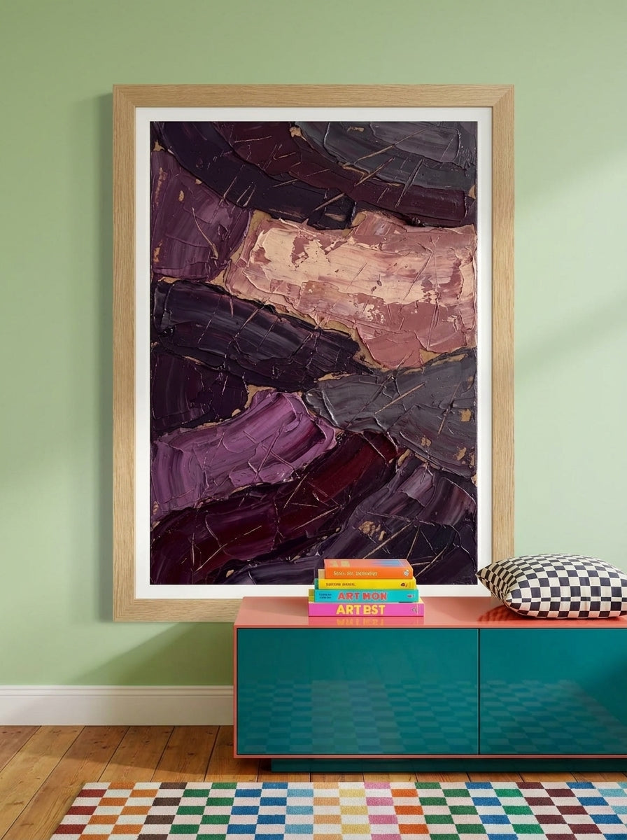 Modern wall art print styled on the wall in a colourful eclectic living room