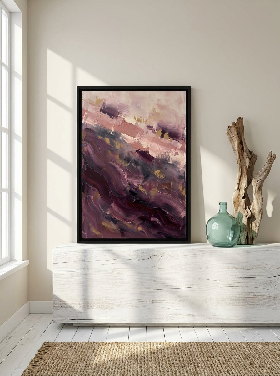 Canvas wall art with a black surround standing on a console in a coastal home office