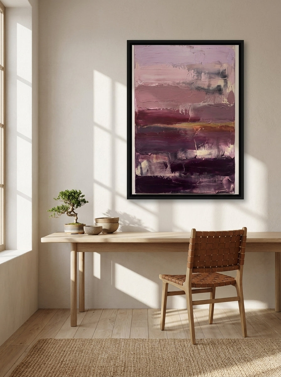 Canvas wall art with a black surround styled on the wall in a warm Japandi home office