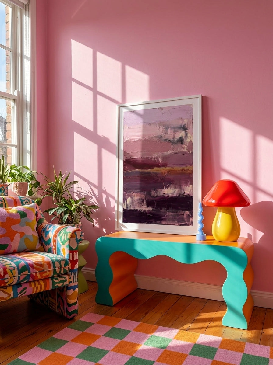 Modern wall art print standing on a side table in a colourful eclectic living room