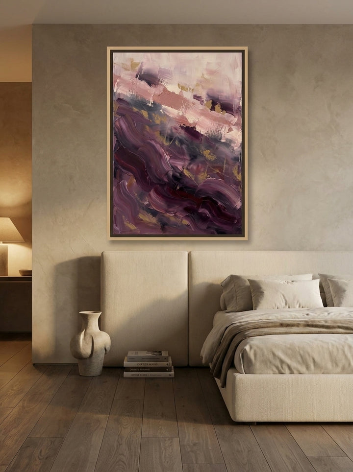 Oversized statement canvas wall art with a natural timber surround styled on the wall in a luxe bedroom