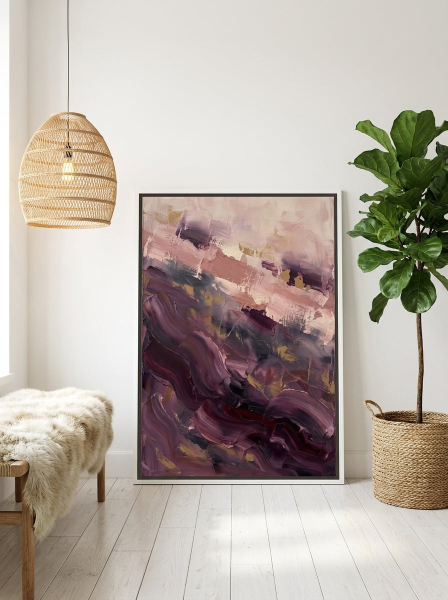 Oversized statement canvas wall art with a white surround leaning against the wall in a bright Scandinavian dining room