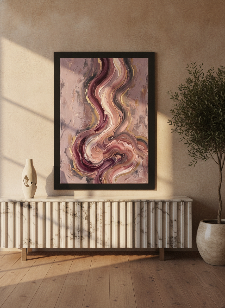 Modern wall art print standing on a sideboard in a luxe bedroom