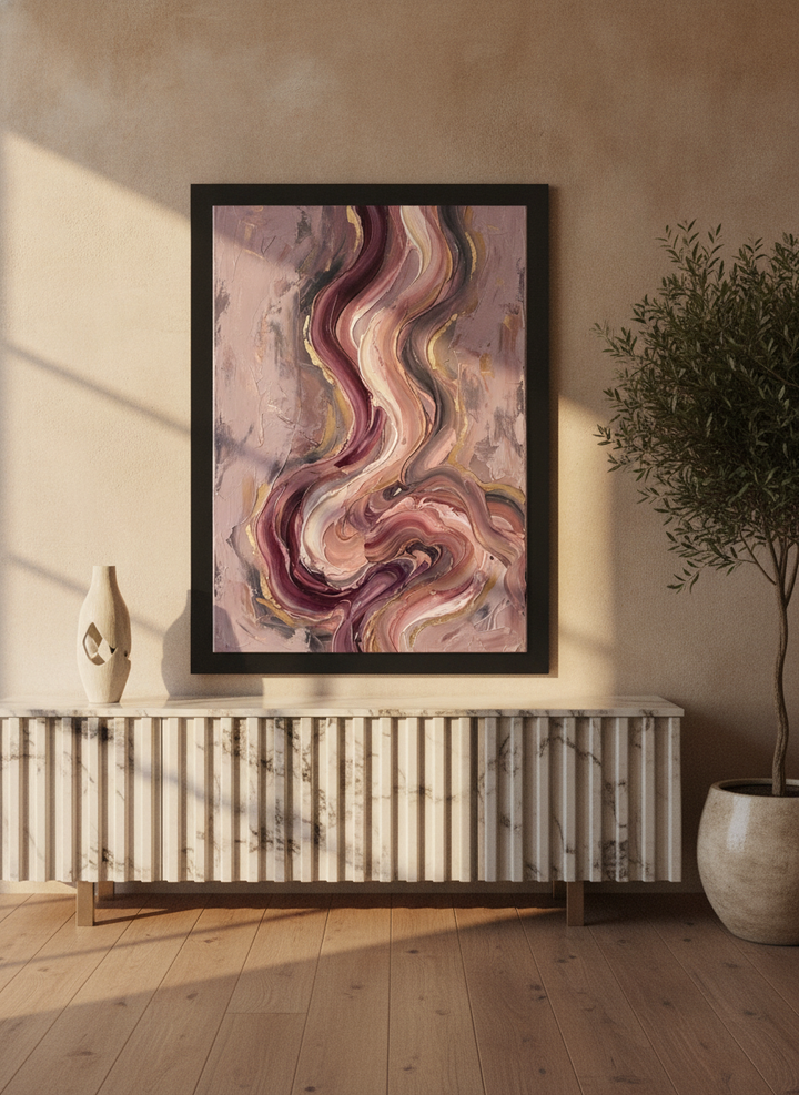 Modern wall art print standing on a sideboard in a luxe bedroom