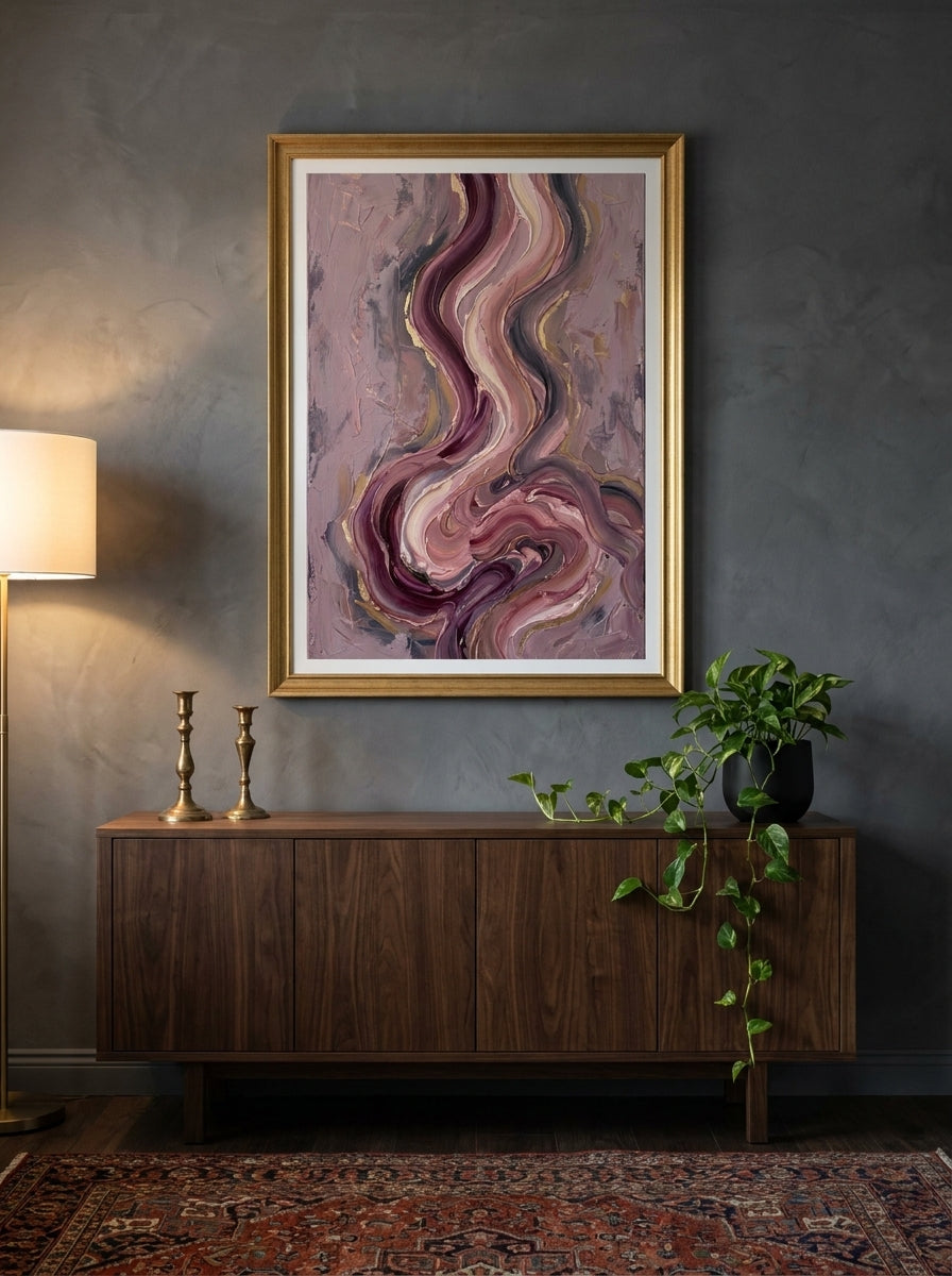 Modern wall art print styled on the wall in a moody living room
