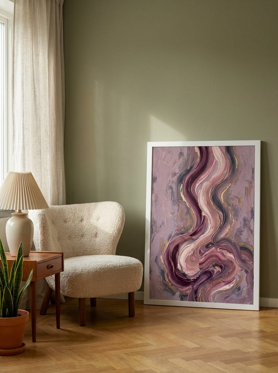 Modern wall art print leaning against the wall in a mid-century living room
