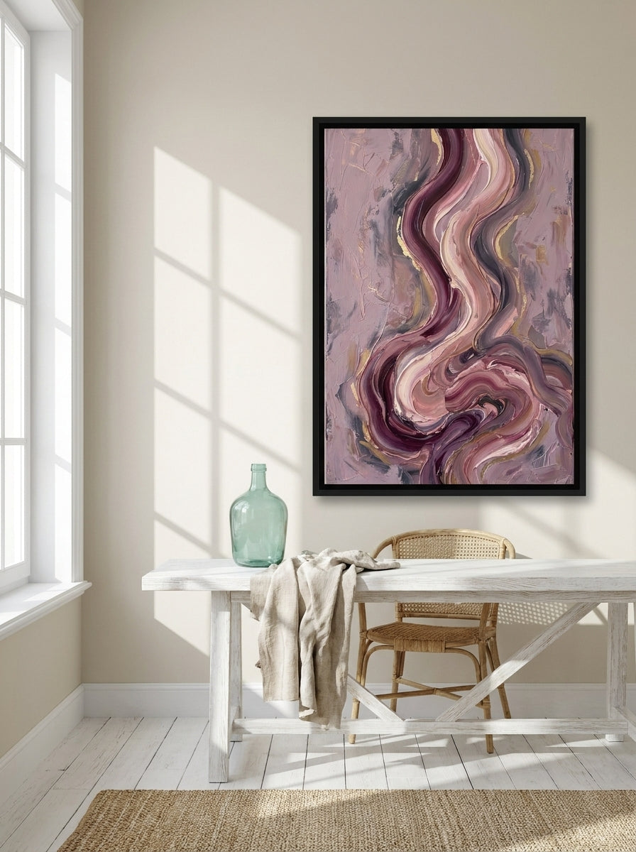 Canvas wall art with a black surround styled on the wall in a coastal home office