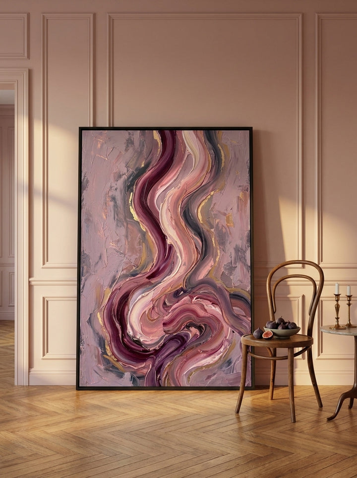 Oversized statement modern wall art print leaning against the wall in a Parisian dining room