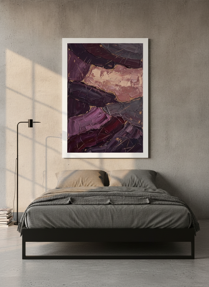 Modern wall art print styled on the wall in an industrial loft bedroom