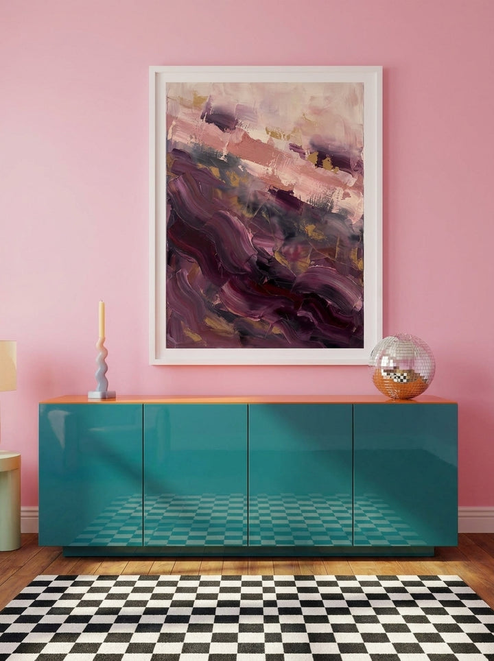 Modern wall art print styled on the wall in a colourful eclectic living room
