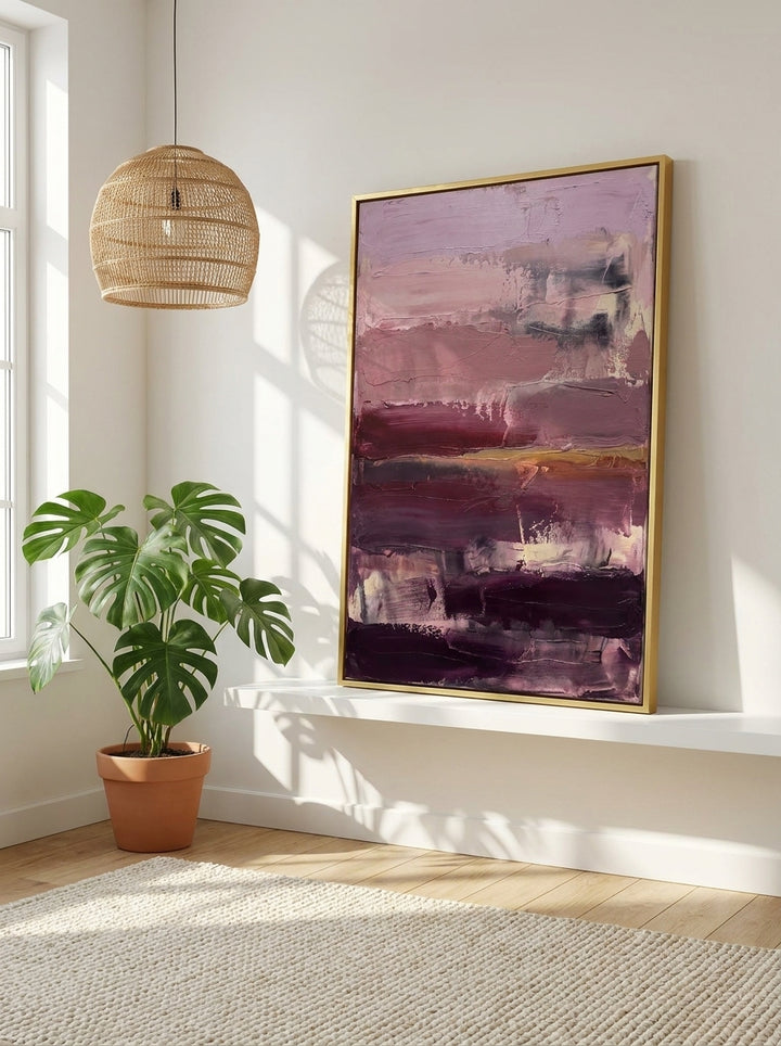 Canvas wall art with a gold leaf surround standing on a shelf in a bright Scandinavian living room