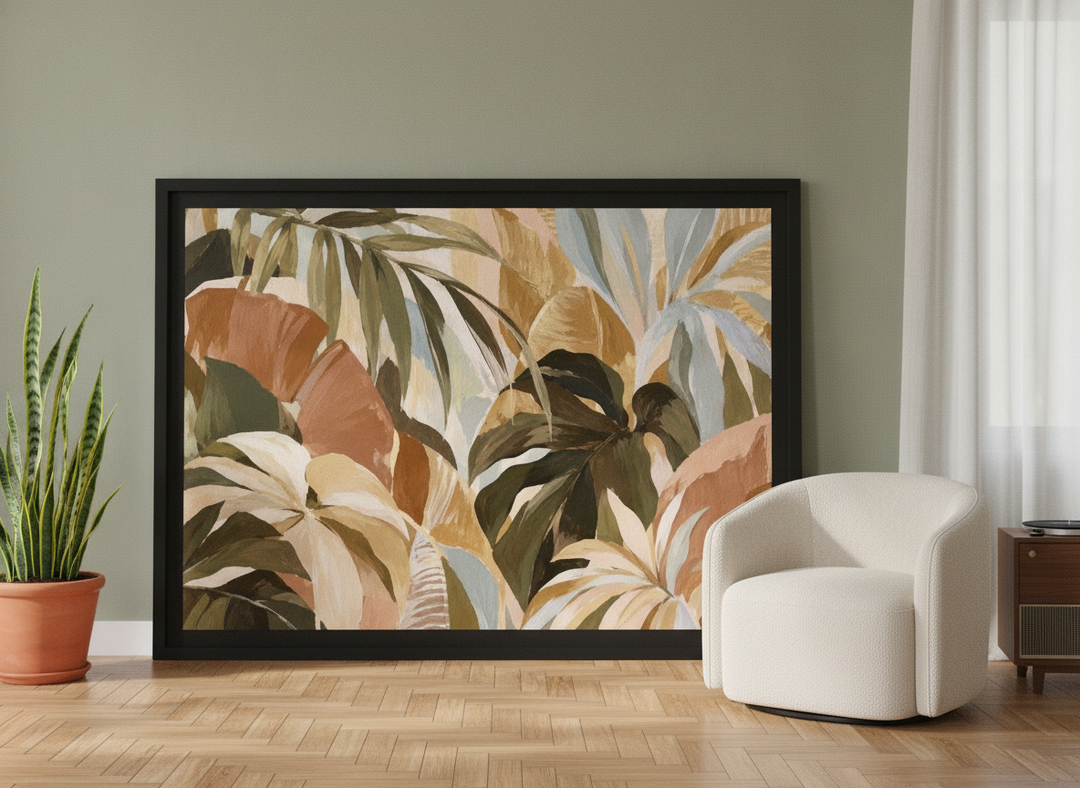 Oversized statement modern wall art print leaning against the wall in a mid-century living room