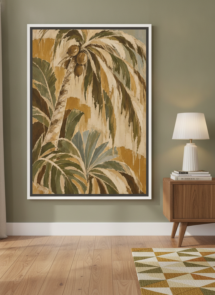 Canvas wall art with a white surround leaning against the wall in a mid-century home office