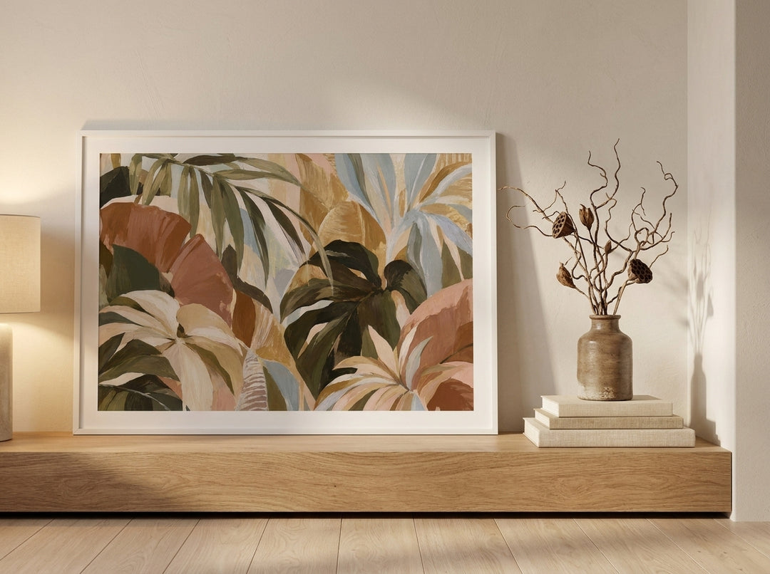 Modern wall art print standing on a shelf in a warm Japandi bedroom