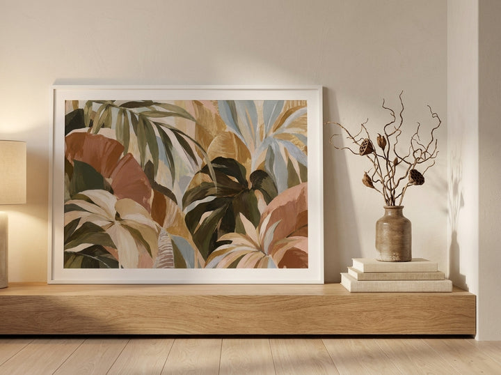 Modern wall art print standing on a shelf in a warm Japandi bedroom