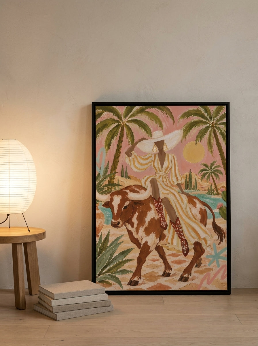 Canvas wall art with a black surround leaning against the wall in a warm Japandi home office
