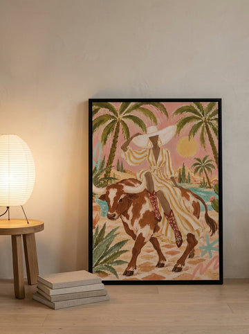 Canvas wall art with a black surround leaning against the wall in a warm Japandi home office