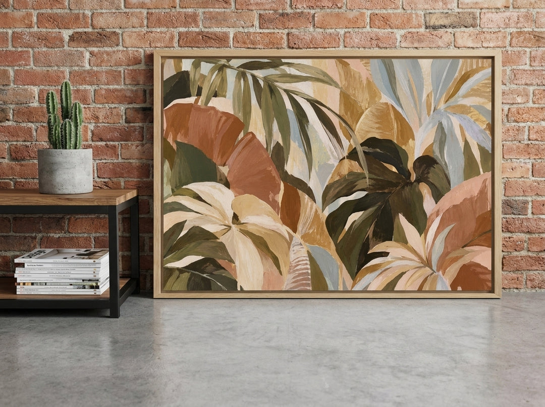 Canvas wall art with a natural timber surround standing on a console in an industrial loft home office