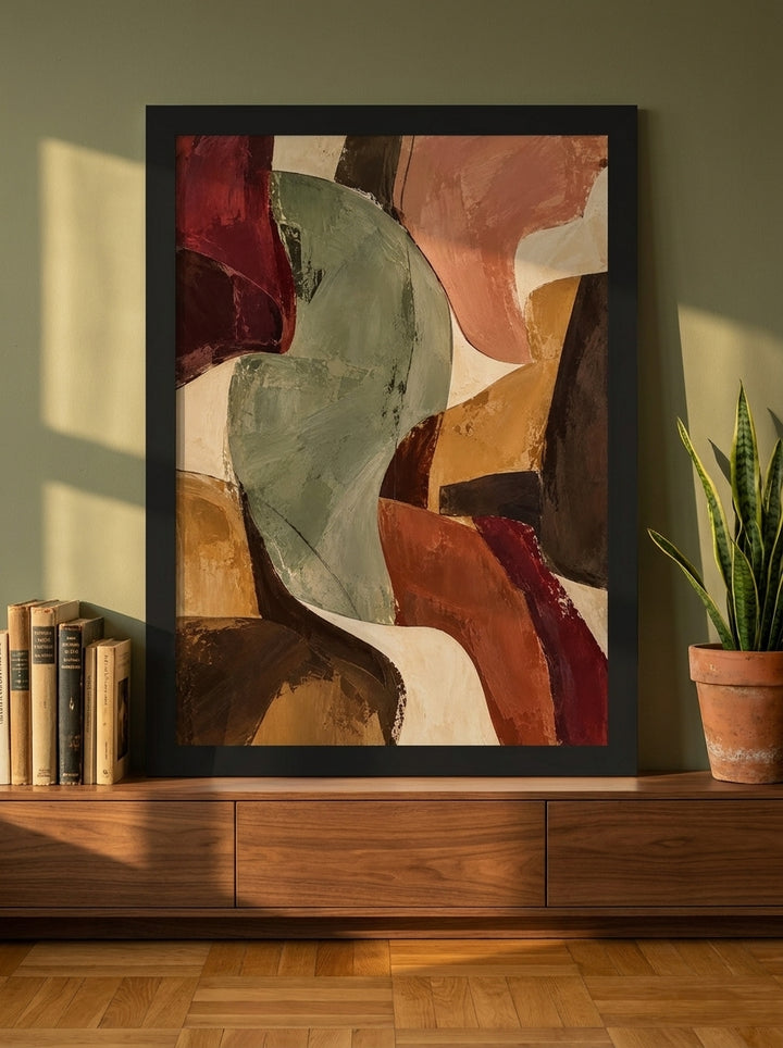 Modern wall art print standing on a sideboard in a mid-century home office