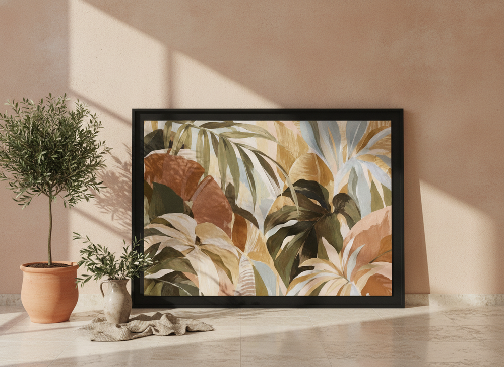 Oversized statement modern wall art print leaning against the wall in a Mediterranean dining room