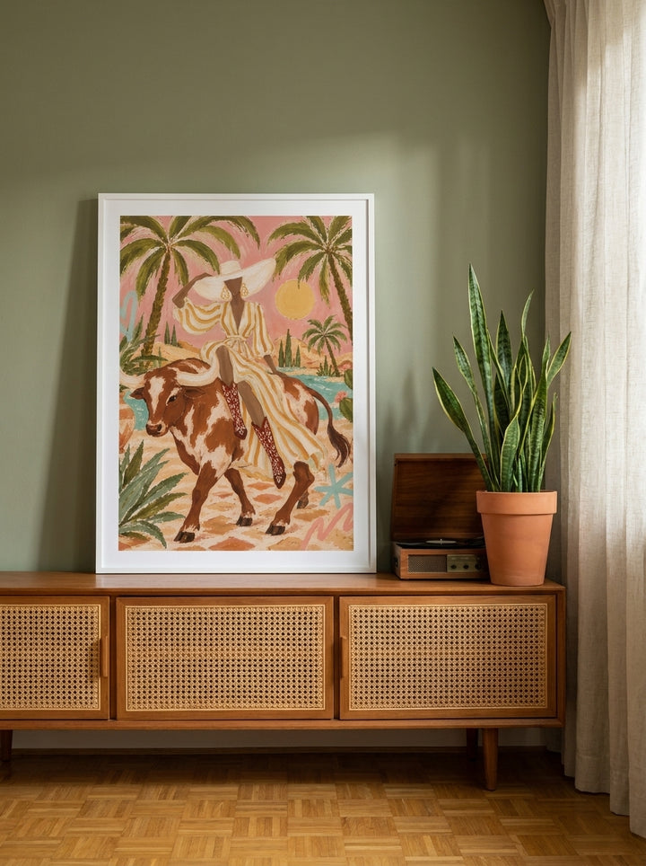 Modern wall art print standing on a sideboard in a mid-century living room