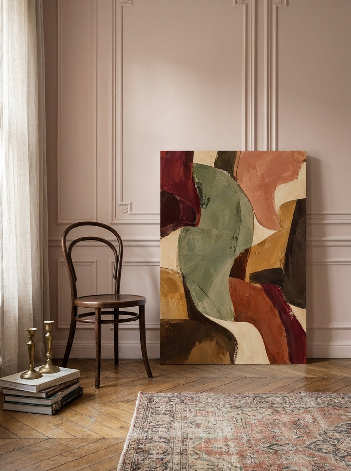 Stretched canvas wall art leaning against the wall in a Parisian home office