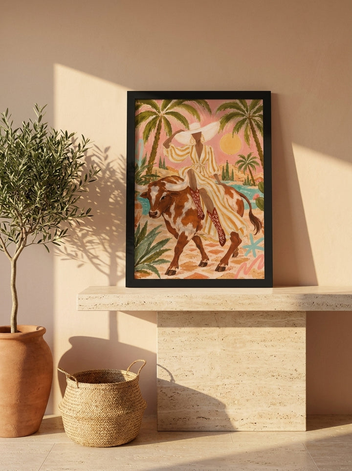 Modern wall art print standing on a console in a Mediterranean bedroom