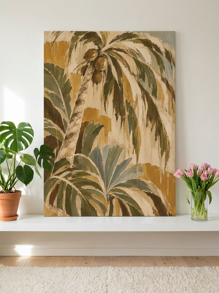 Stretched canvas wall art standing on a shelf in a bright Scandinavian bedroom