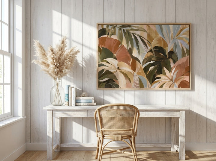 Modern wall art print styled on the wall in a coastal home office