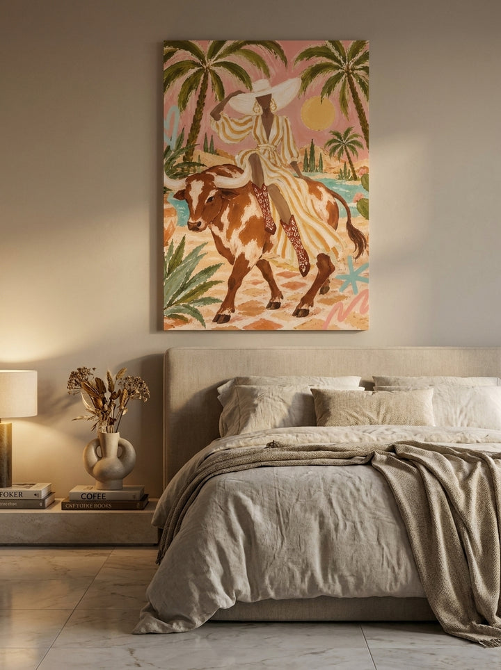 Stretched canvas wall art styled on the wall in a luxe bedroom