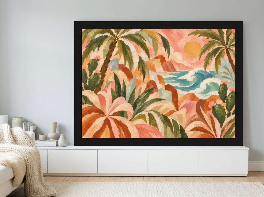 Modern wall art print standing on a sideboard in a bright Scandinavian home office