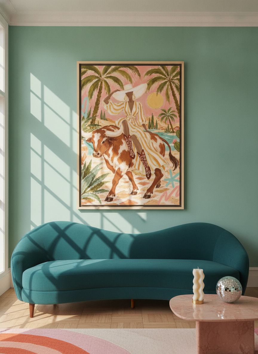 Oversized statement canvas wall art with a natural timber surround styled on the wall in a colourful eclectic living room