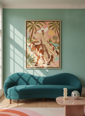 Oversized statement canvas wall art with a natural timber surround styled on the wall in a colourful eclectic living room