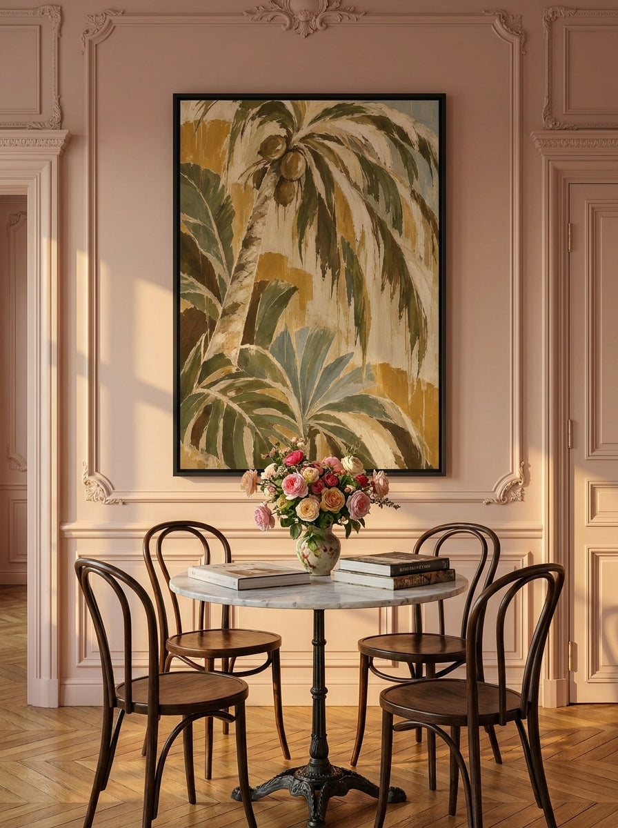 Canvas wall art with a black surround styled on the wall in a Parisian dining room